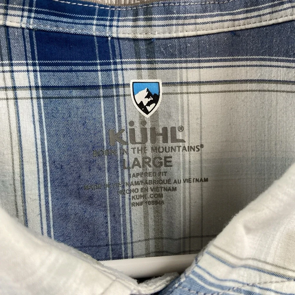KUHL Shirt Mens Large Button Up STYK Tapered Fit Blue Plaid Short Sleeve Outdoor